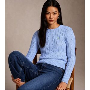 Ralph Lauren Light Blue Cable Knit Cotton Crewneck Sweater Signature Pony Logo C
